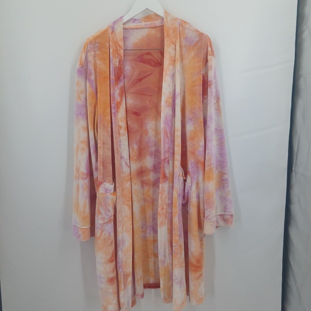 womans plus size 3x duster robe orange pink tie dye with pockets velvet